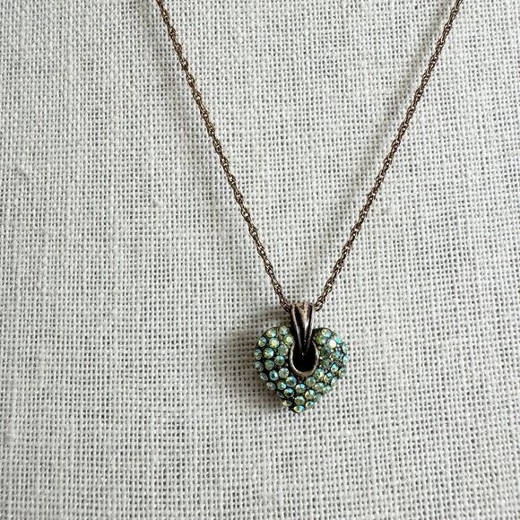 Vintage Gold Filled Pave Aurora Borealis Rhinestone Puffy Heart Pendant Necklace - Picture 11 of 12